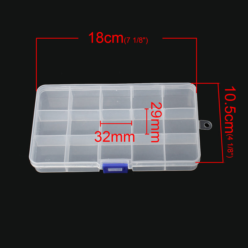 Bead Storage Box, 15 compartments in plastic box with snap closure lid 7"x4", tol0864