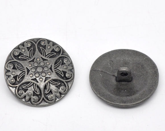 10 Metal Shank Buttons, carved flower pattern, 25mm, 1 inch diameter, GUNMETAL color but0194