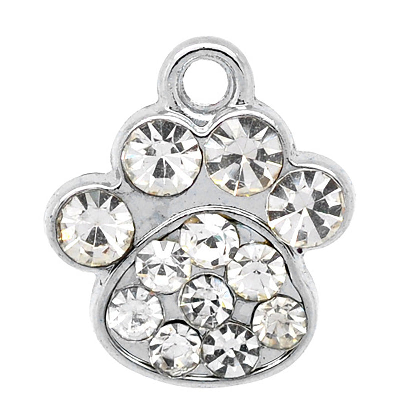 silver paw print charms with rhinestone crystals