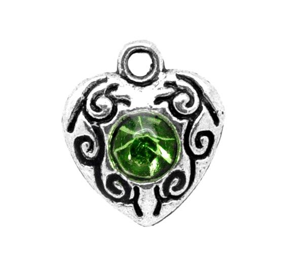 10 Silver Rhinestone HEART Charm Pendants, PERIDOT GREEN crystals, chs3122