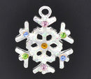 4 Silver RHINESTONE SNOWFLAKE CHARMS or Pendants . multi colored crystals . che0241