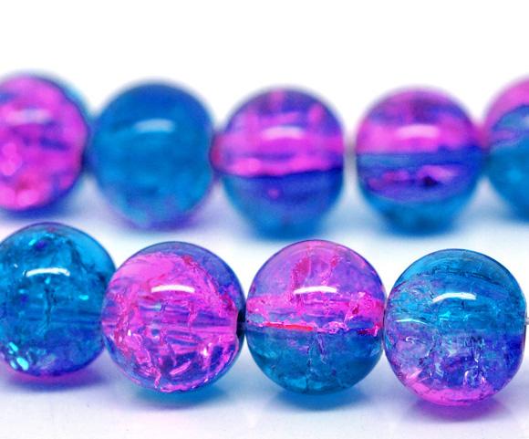10mm Crackle Glass BLUE and HOT PINK Round Beads double strand, 85 beads  bgl0320b