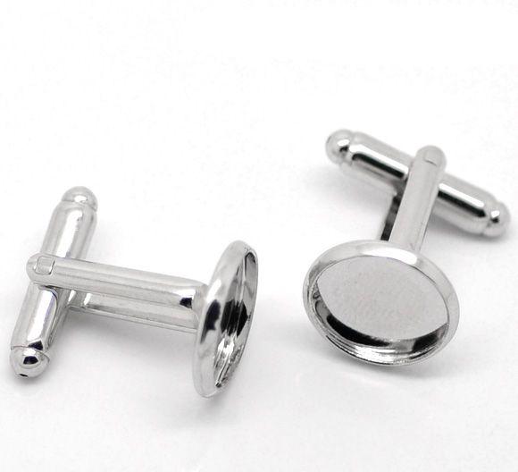 10 Cuff Link blanks, silver tone metal bezel tray blanks, fits 12mm round cabochons fin0379