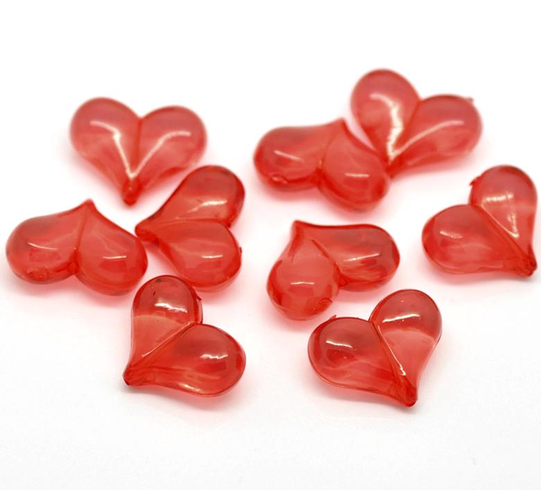 10 BRIGHT RED Acrylic Lucite Valentine's Day Hearts Beads 7/8" wide, bac0126a