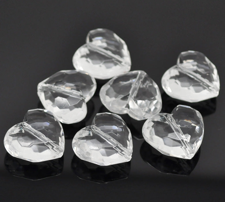 20 Large CLEAR Faceted Acrylic Lucite Hearts Beads, 1-1/8" wide, bac0250b