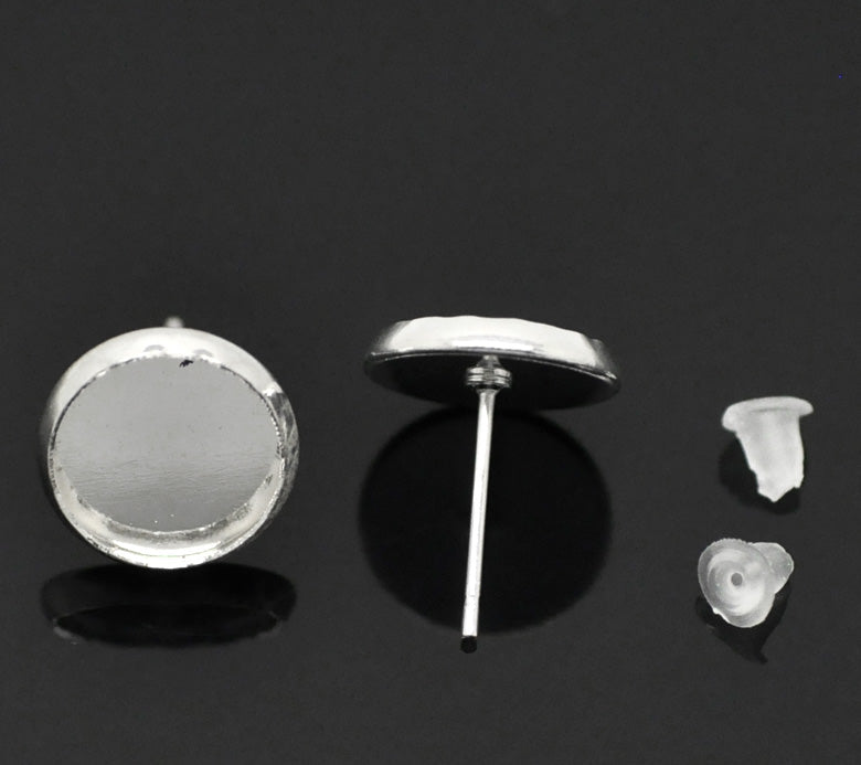50 Silver Plated cabochon bezel setting POST back earring components, fits 10mm round inside tray fin0719