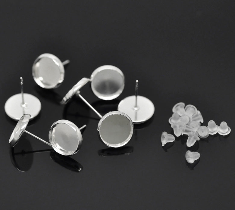 50 Silver Plated cabochon bezel setting POST back earring components, fits 10mm round inside tray fin0719