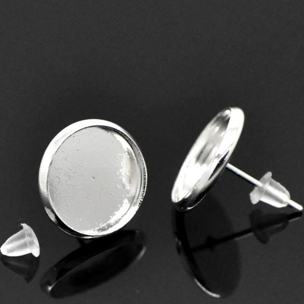 50 Silver Plated cabochon bezel setting POST back earring components, fits 12mm round inside tray fin0778