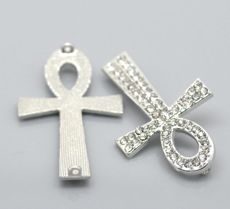 1 Rhinestone Sideways EGYPTIAN ANKH Cross, bright silver metal base and clear crystals chs0005