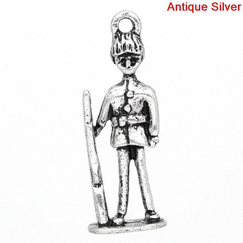 2 PALACE GUARD Charm Pendants, British Soldier, silver tone metal, 28mm, chs0612