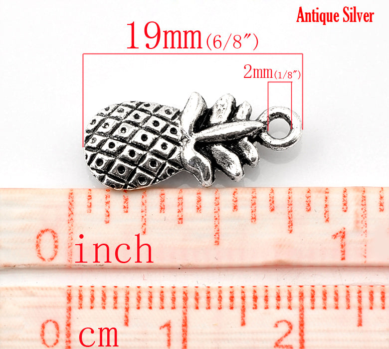 10 Silver PINEAPPLE Charms, Antique Silver Tone Pendants, symbol of hospitality, chs1891