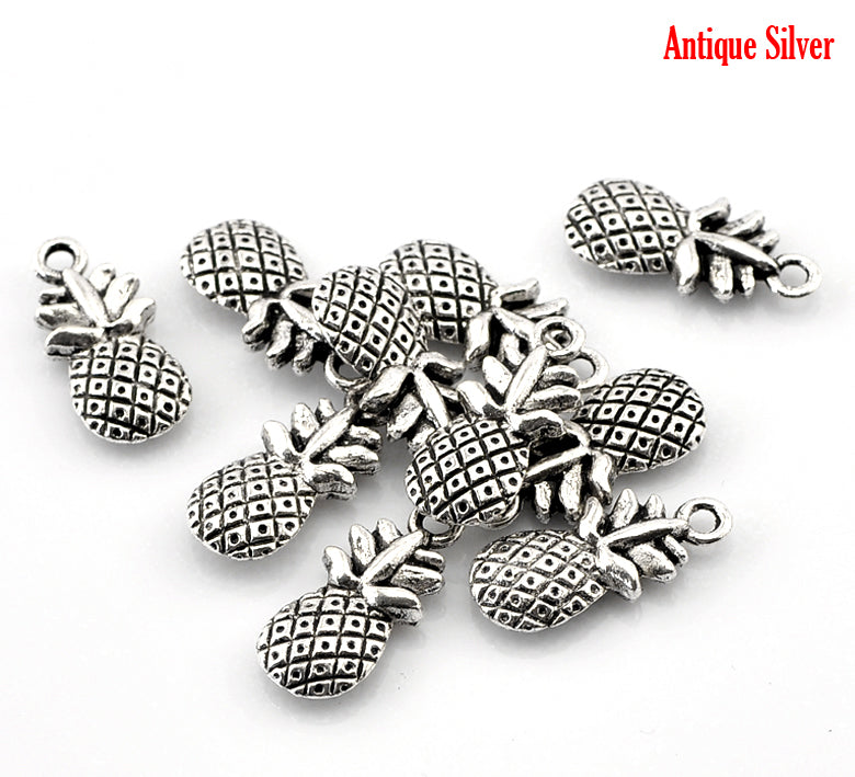 10 Silver PINEAPPLE Charms, Antique Silver Tone Pendants, symbol of hospitality, chs1891