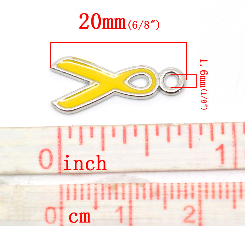 10 YELLOW AWARENESS RIBBON Charms, Silver with Yellow Enamel, 20mm, chs3301