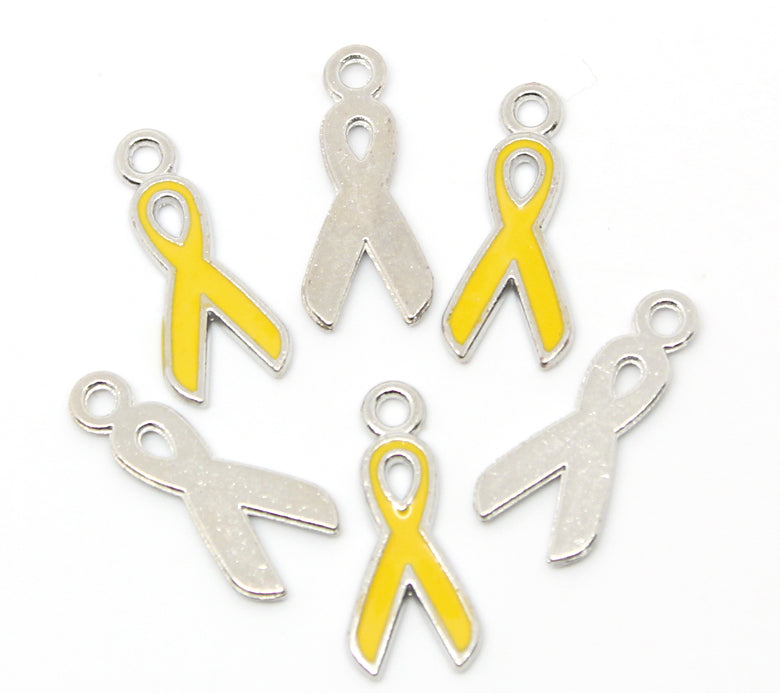 10 YELLOW AWARENESS RIBBON Charms, Silver with Yellow Enamel, 20mm, chs3301