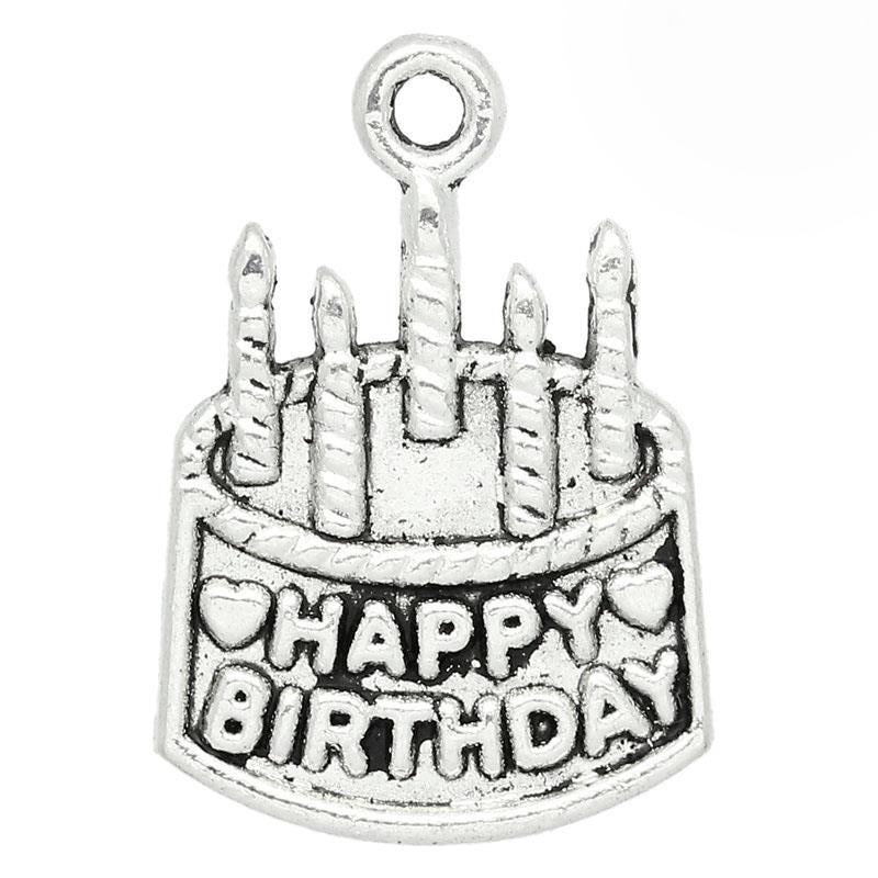 10 Silver Pewter HAPPY BIRTHDAY CAKE Charm Pendants chs1059