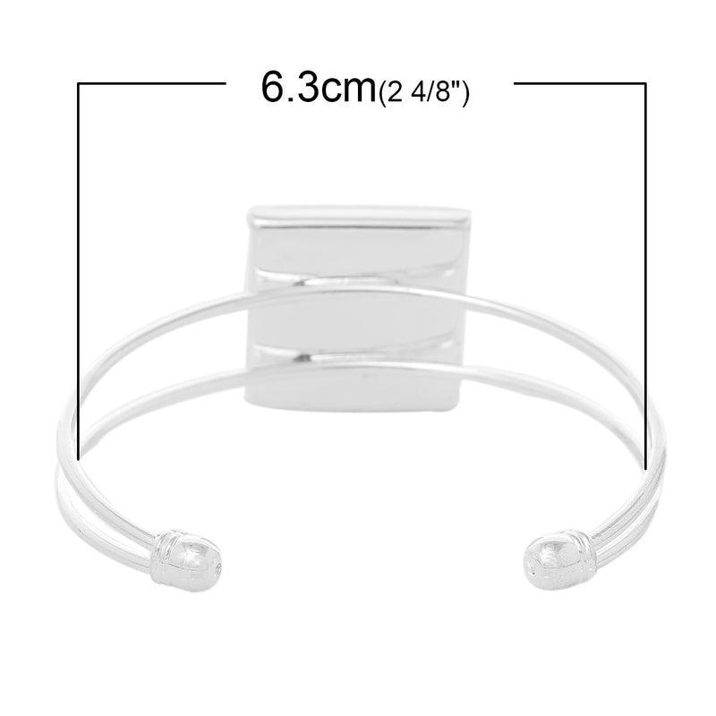 5 BANGLE Cuff Bracelets with 25mm (1") Square Bezel Tray, silver plated metal, for Cabochon Setting, 25mm (1 inch) fin0549b
