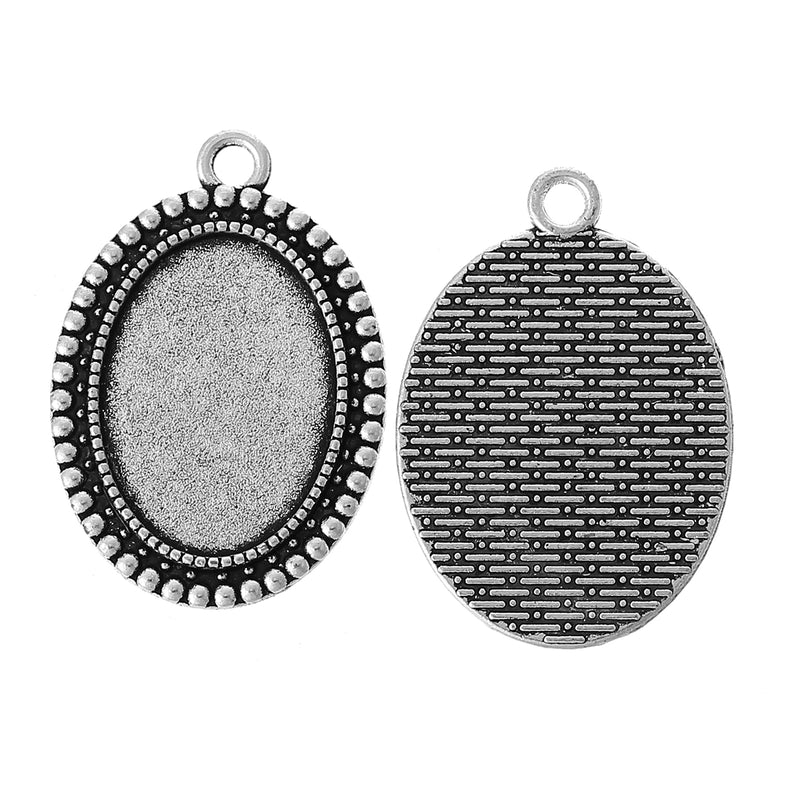 10 Oval Bezel Blanks, Antique Silver Bezel Charms, Silver Cabochon Blanks, Bezel Tray Charms, Fits 25x18mm, chs3379