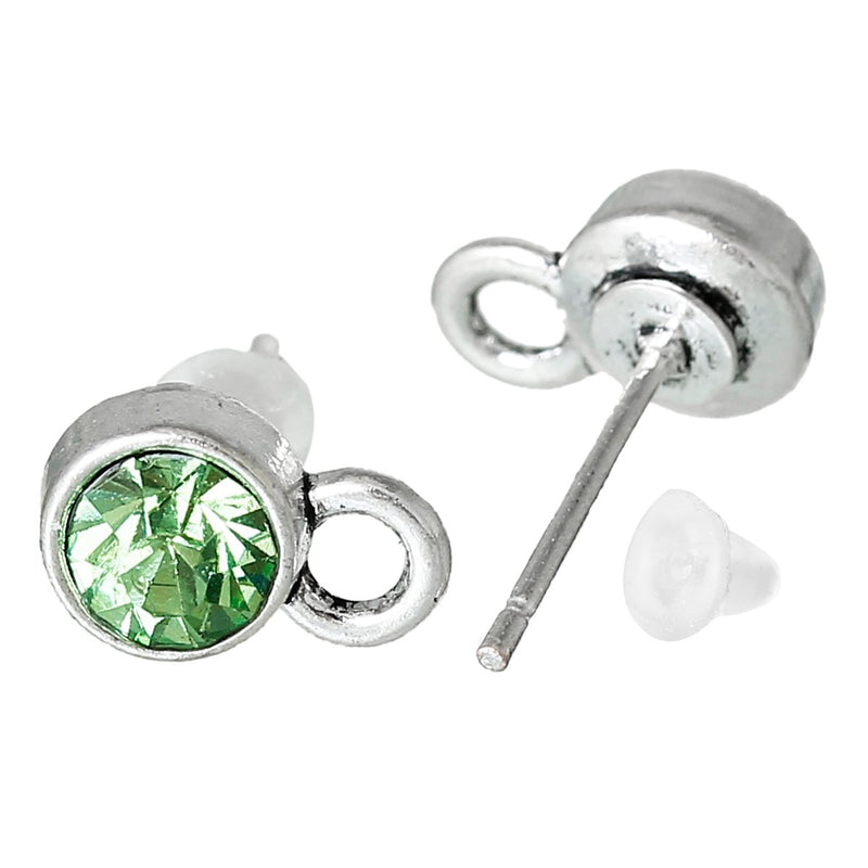 10 Rhinestone Earring Post Components, 6mm PERIDOT GREEN Stones, loop for hanging charms or beads (5 pairs) fin0461