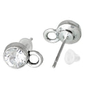 10 Rhinestone Earring Post Components, 6mm CRYSTAL CLEAR Stones, loop on bottom (5 pairs) fin0392