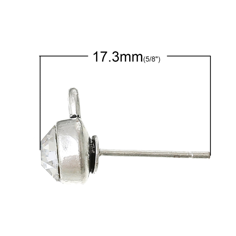 10 Rhinestone Earring Post Components, 6mm CRYSTAL CLEAR Stones, loop on bottom (5 pairs) fin0392