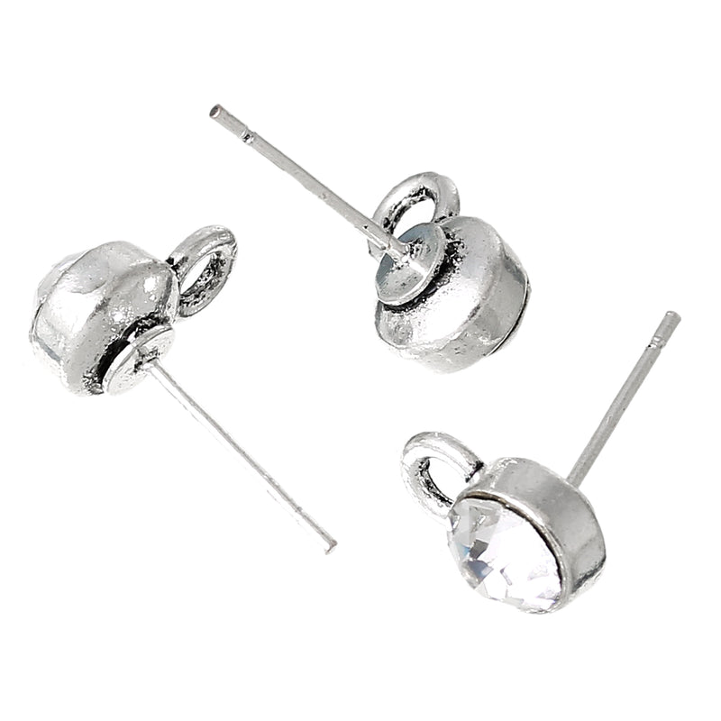 10 Rhinestone Earring Post Components, 6mm CRYSTAL CLEAR Stones, loop on bottom (5 pairs) fin0392
