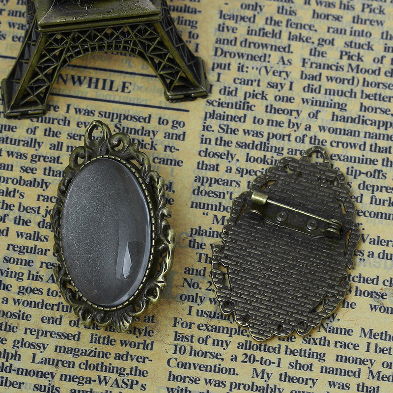 Antiqued Bronze Brooch Pin Oval Glass Cabochon Kits, 30x20mm Bezel Tray, for charms, jewelry, key chains, 10 sets kit0007