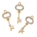 4 Gold Plated KEY Charm Pendants with Rhinestones, chg0169