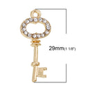 4 Gold Plated KEY Charm Pendants with Rhinestones, chg0169