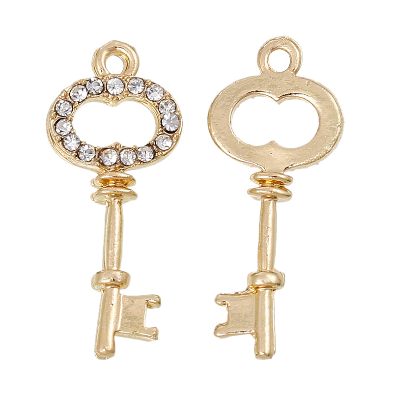 4 Gold Plated KEY Charm Pendants with Rhinestones, chg0169