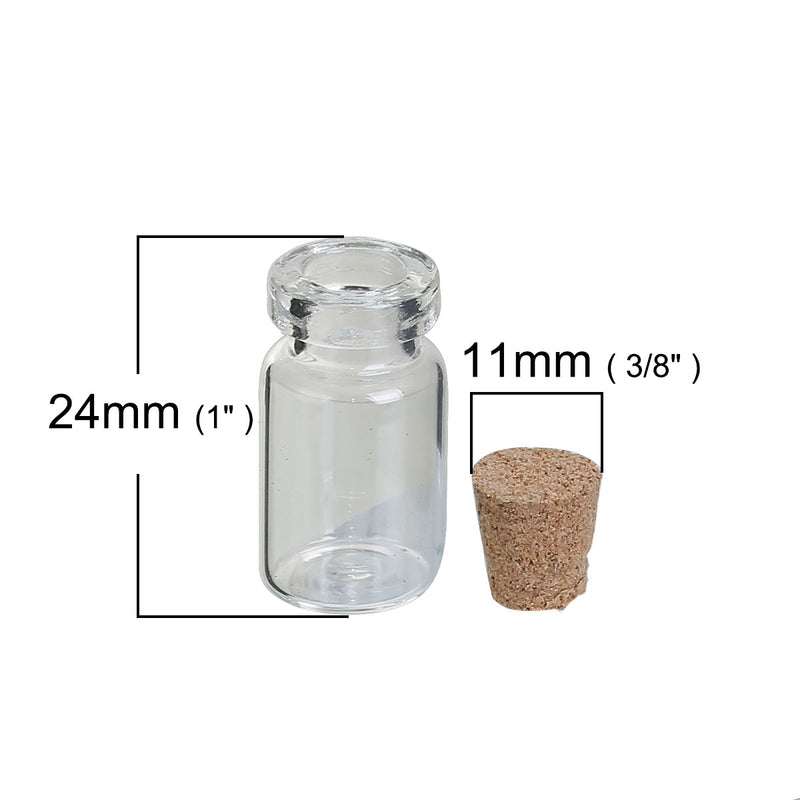 10 Tiny Glass Bottles Vials, 2.8cm tall, potion jars, 28mm x 13mm, cork included, fin0724