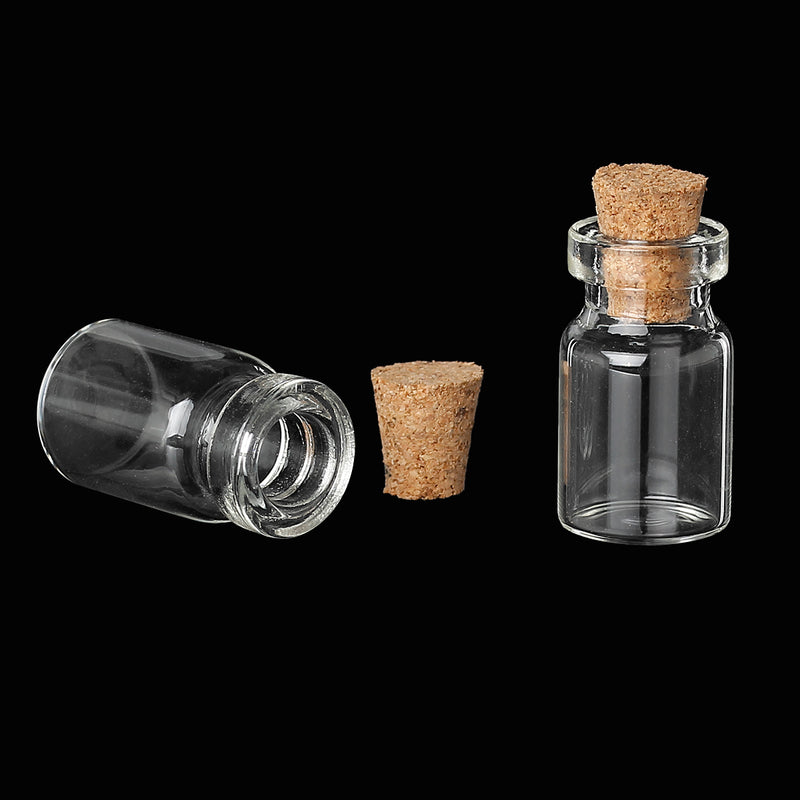 10 Tiny Glass Bottles Vials, 2.8cm tall, potion jars, 28mm x 13mm, cork included, fin0724