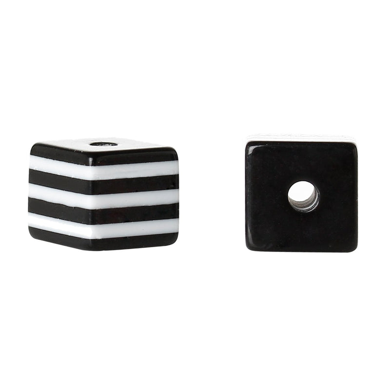 25 BLACK 10mm Acrylic Cube Beads Stripes bulk package bac0301a