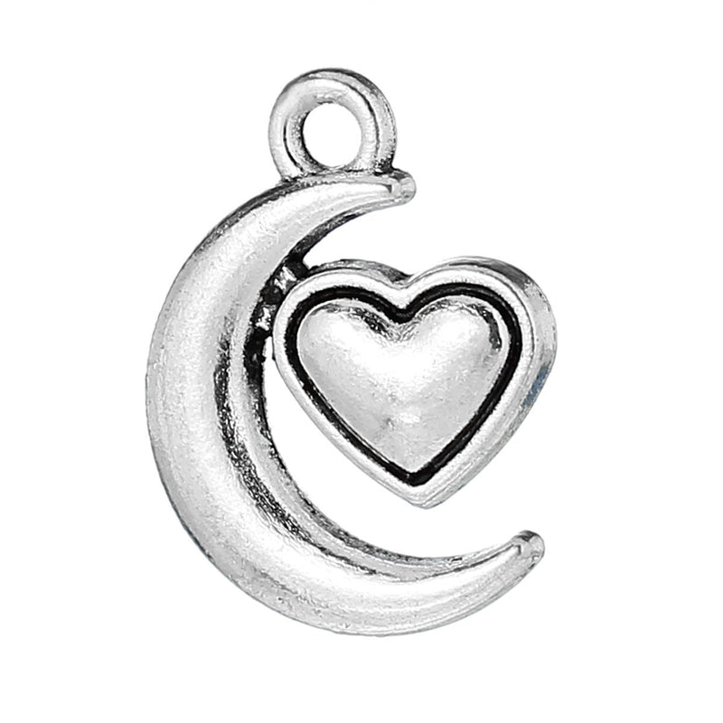 10 Silver MOON HEART Charms, love you to the moon and back, chs1893