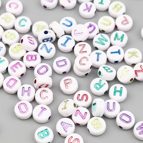 10mm Alphabet Coin Beads, White with Metallic Letters, x300 acrylic beads bac0410