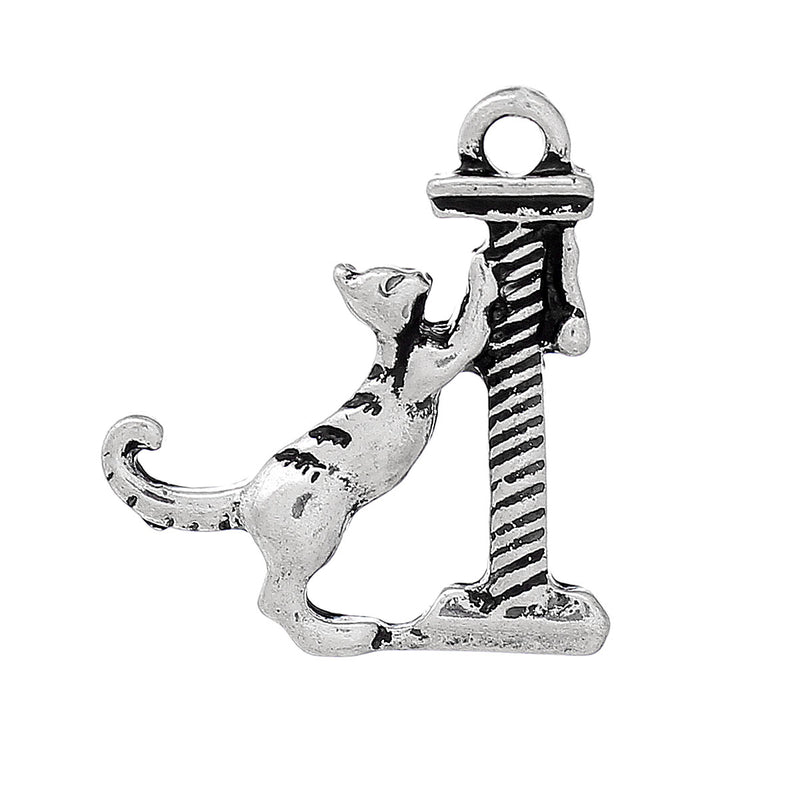 5 Silver Plated CAT Charms, Cat on Scratching Post Charms, 19x17mm, chs3440