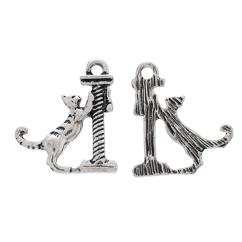 5 Silver Plated CAT Charms, Cat on Scratching Post Charms, 19x17mm, chs3440