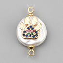 Paw Print Button Pearl Charm with Micro Pave Crystals, Connector Link with Gold Trim, chs7470