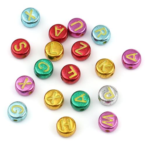7mm Alphabet Coin Beads, Metallic with Gold Letters, x500 acrylic beads bac0421