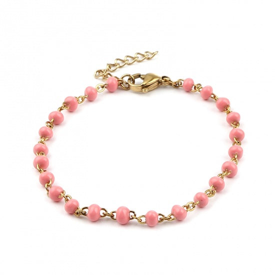 Pink and Gold Beaded Anklet or Bracelet, Stainless Steel, 6.75" long, jlr0301