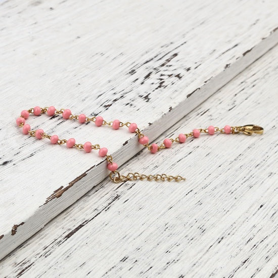 Pink and Gold Beaded Anklet or Bracelet, Stainless Steel, 6.75" long, jlr0301