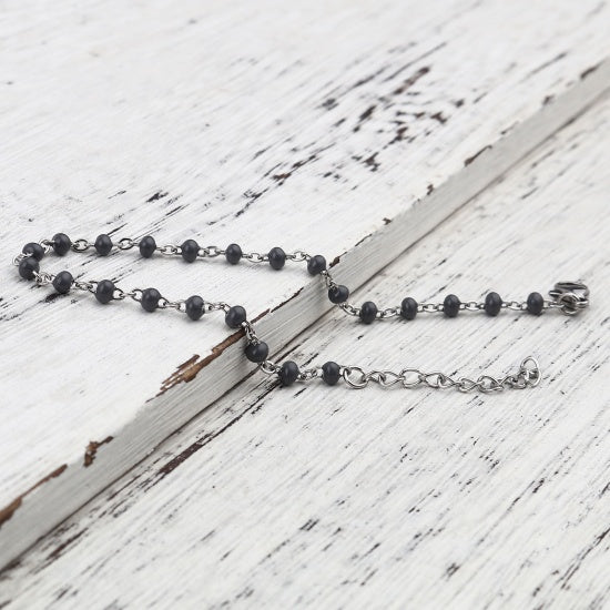 Gray and Silver Beaded Anklet or Bracelet, Stainless Steel, 6.75" long, jlr0306