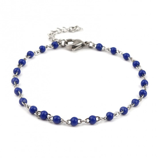 Dark Blue and Silver Beaded Anklet or Bracelet, Stainless Steel, 6.75" long, jlr0304