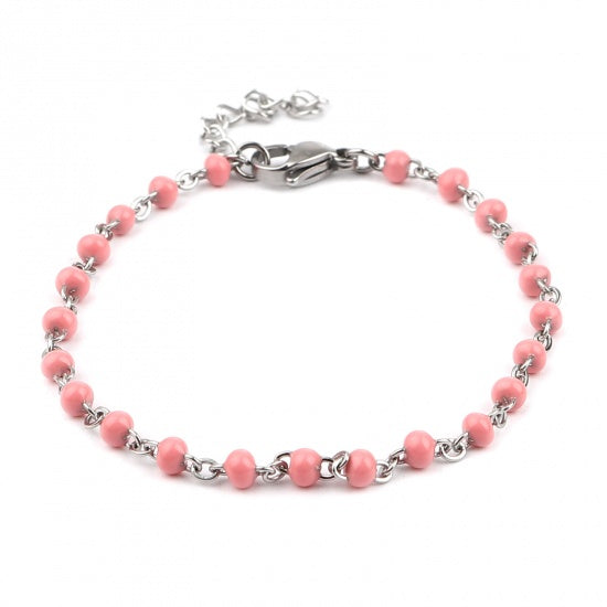 Pink and Silver Beaded Anklet or Bracelet, Stainless Steel, 6.75" long, jlr0302