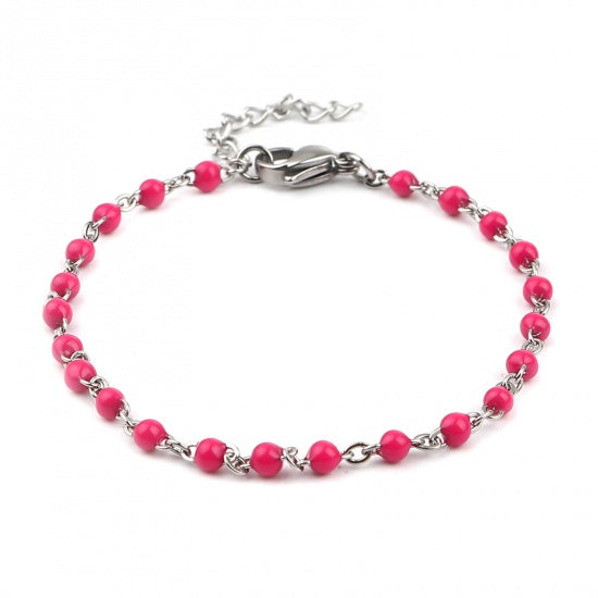 Hot Pink and Silver Beaded Anklet or Bracelet, Stainless Steel, 6.75" long, jlr0303