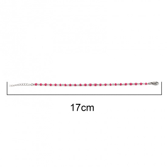 Hot Pink and Silver Beaded Anklet or Bracelet, Stainless Steel, 6.75" long, jlr0303