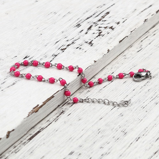 Hot Pink and Silver Beaded Anklet or Bracelet, Stainless Steel, 6.75" long, jlr0303