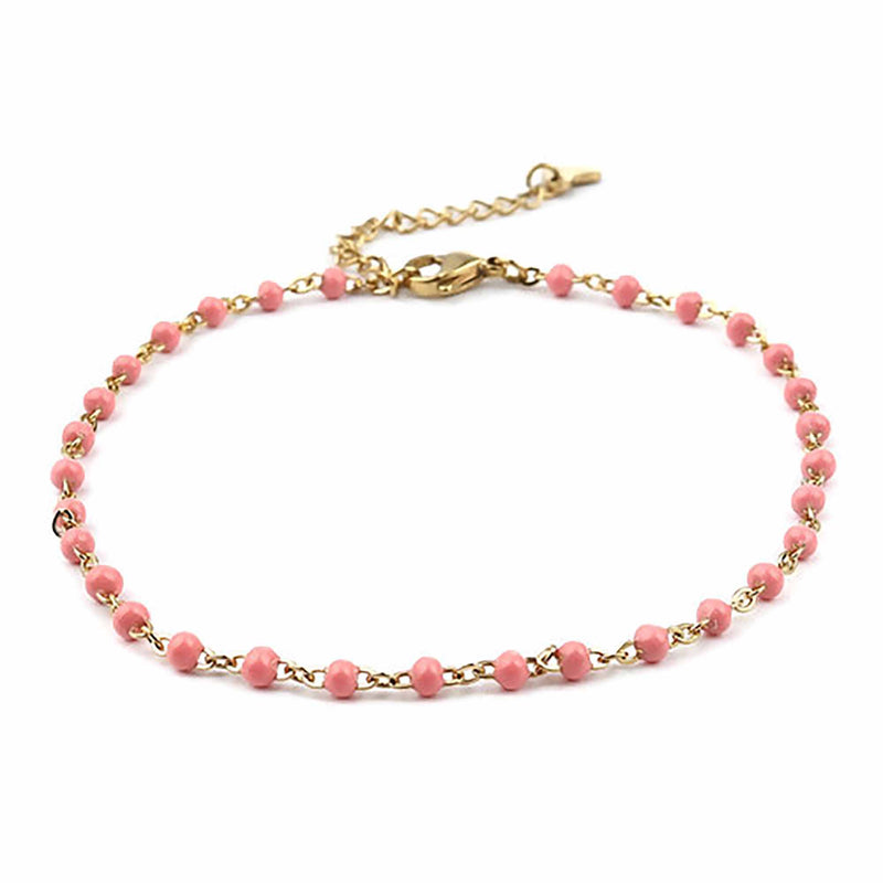 Gold Stainless Steel Anklet with light pink enamel, jlr0288