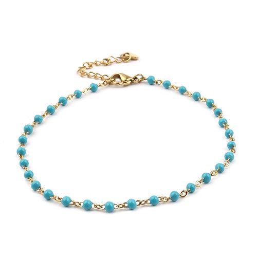 Gold Stainless Steel Anklet with turquoise blue enamel, jlr0284