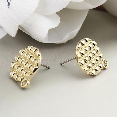 10 Gold Earring Post Blanks, ear studs with loop, round waffle pattern, fin1084