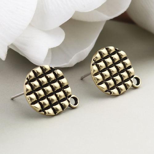 10 Antiqued Gold Earring Post Blanks, ear studs with loop, round waffle pattern, fin1087